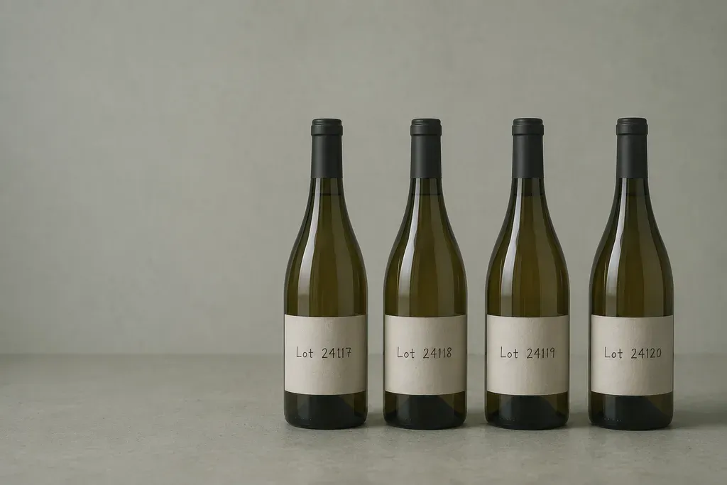 Four identical dark glass bottles in a row against a pale wall, each with a plain paper label carrying a different hand-written lot number.