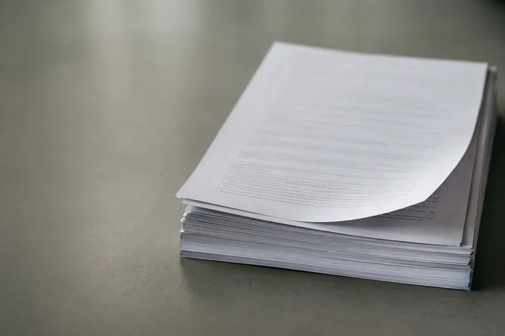 A thick stack of loose printed pages on a grey desk, slightly fanned, with the top page lifted at one corner. The text is too small to read.
